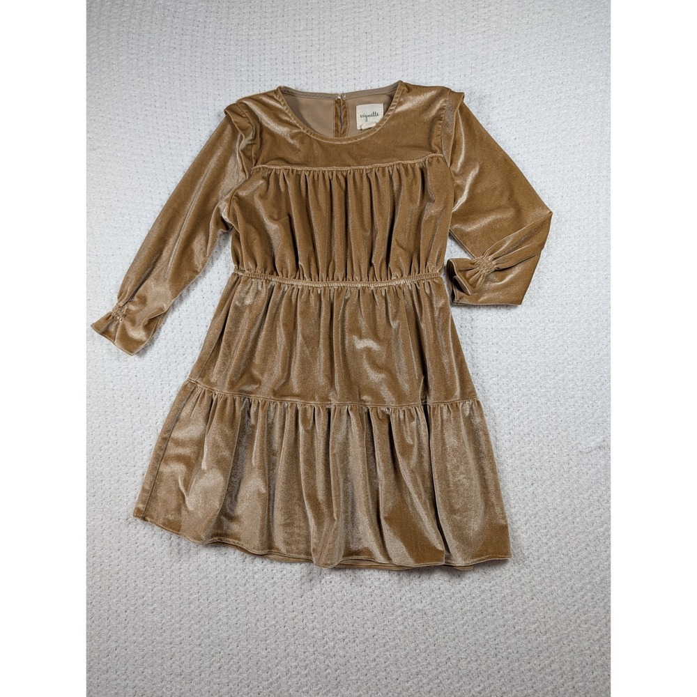 Camel Tan Velvet Tiered Long Sleeve Dress Size 8Y Holiday Boho Party Classic